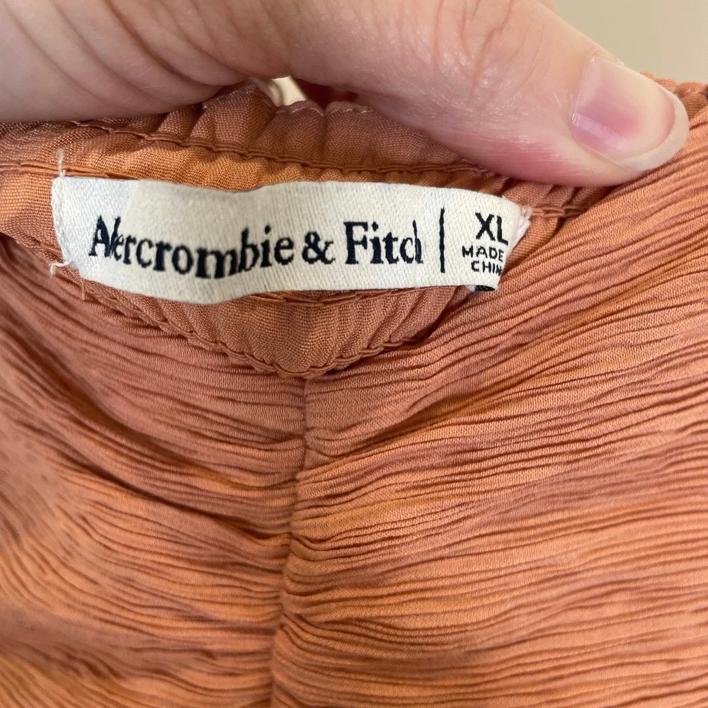 Abercrombie & Fitch Crinkle Maxi Dress Peach Rust Babydoll Seam Tiered w/Slit XL